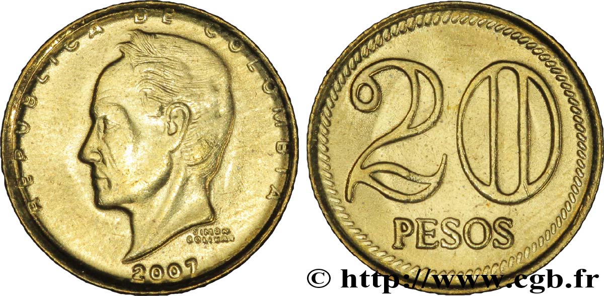 COLOMBIA 20 Pesos Simon Bolivar 2007  MS 