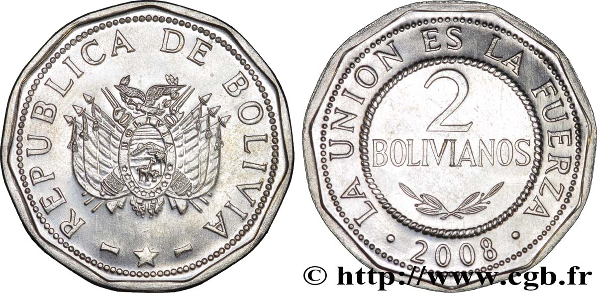 BOLIVIEN 2 Bolivianos emblème 2008  fST 