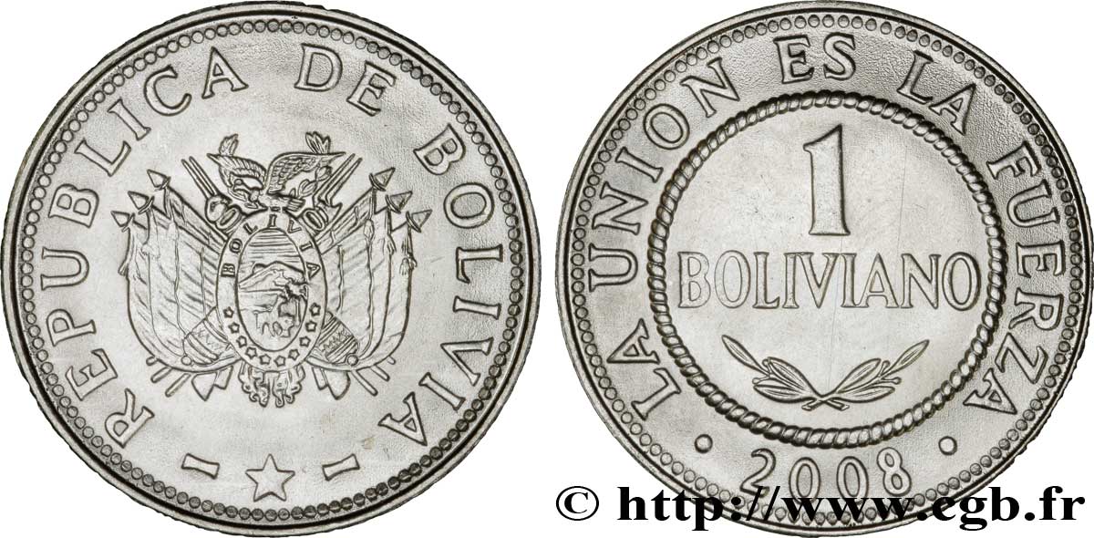BOLIVIE 1 Boliviano emblème 2008  SPL 