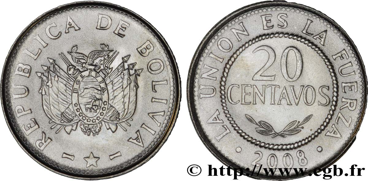 BOLIVIA 20 Centavos emblème 2008  SC 