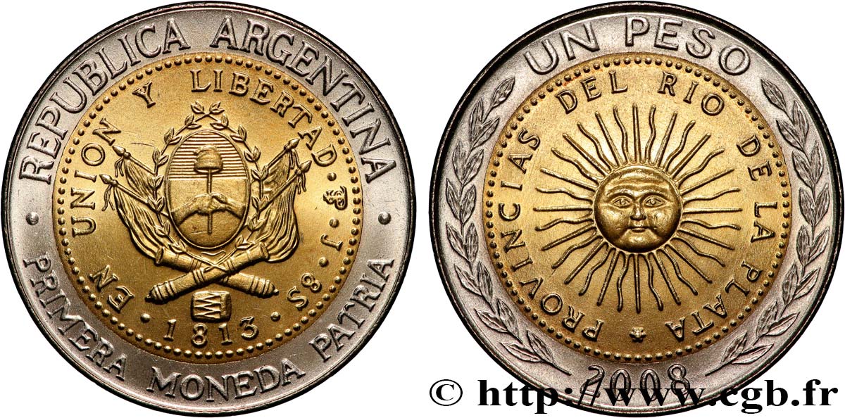 ARGENTINE 1 Peso emblème / soleil frappe médaille 2008  SPL 
