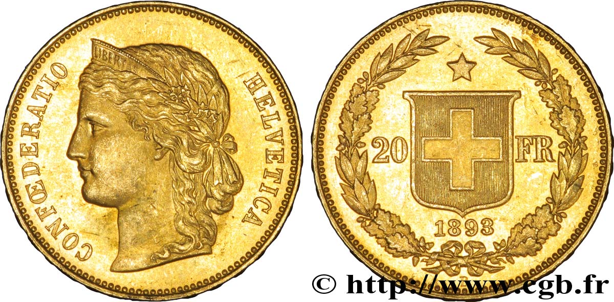 SWITZERLAND 20 Francs or buste diadémé d Helvetia / croix suisse 1893 Berne - B MS 