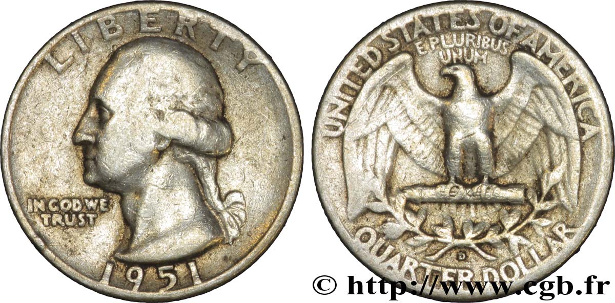 UNITED STATES OF AMERICA 1/4 Dollar Georges Washington 1951 Denver VF 