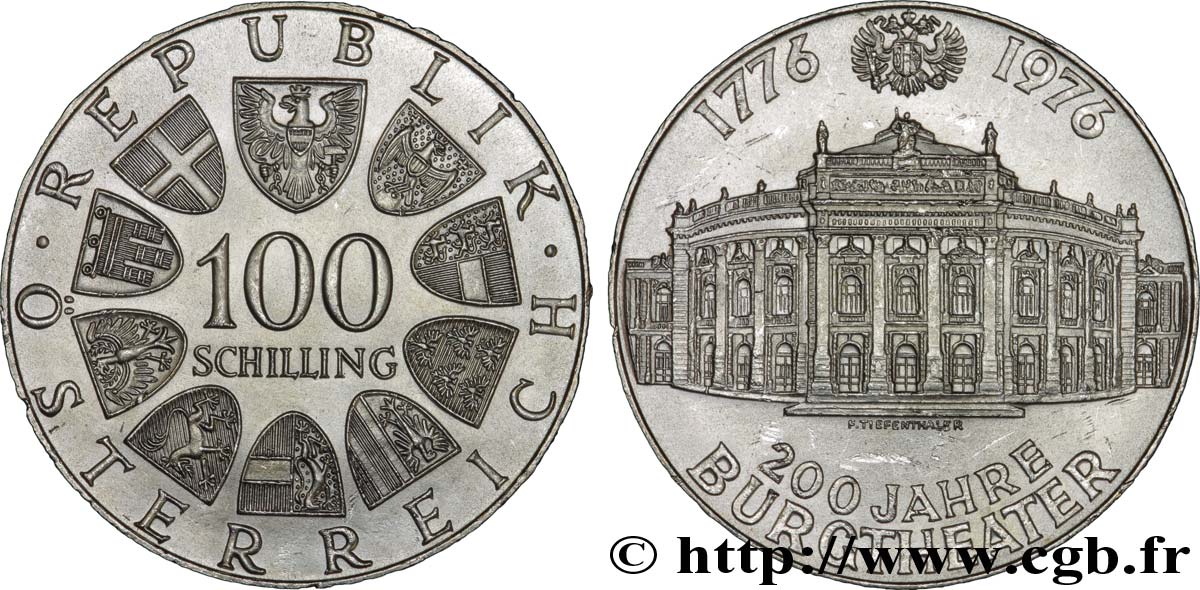 ÖSTERREICH 100 Schilling 200e anniversaire du Burgtheater de Vienne 1976  VZ 