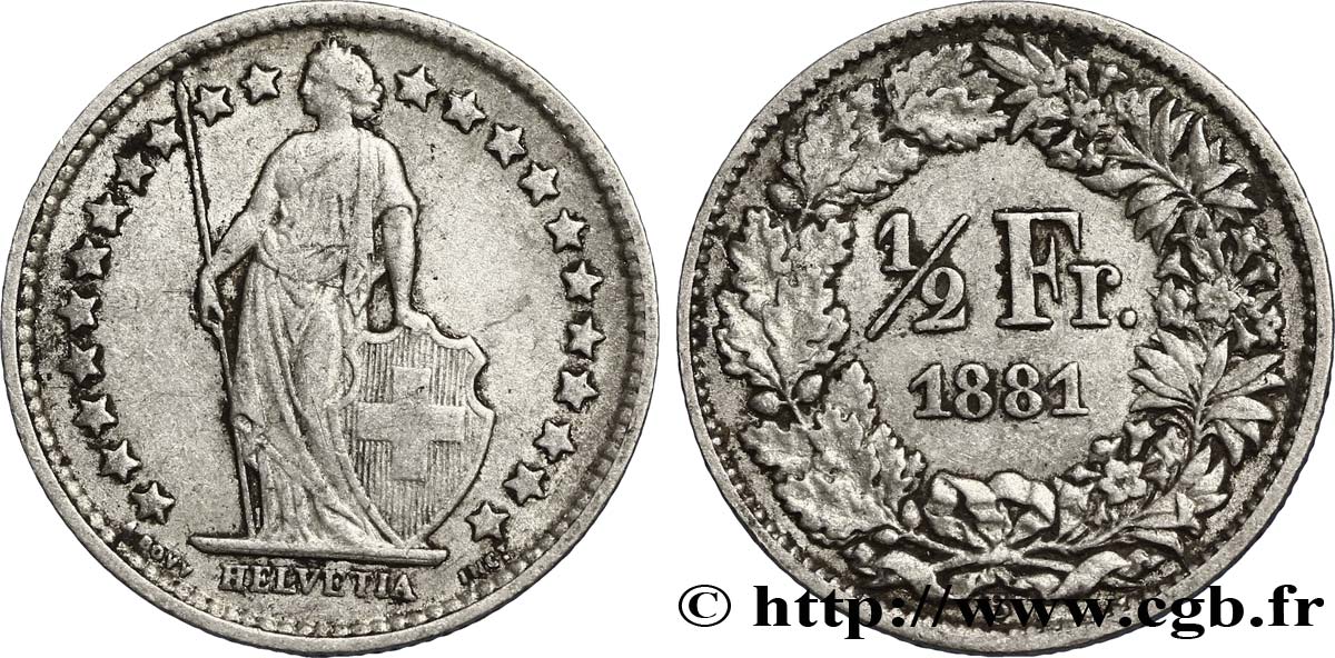 SWITZERLAND 1/2 Franc Helvetia 1881 Berne - B XF 