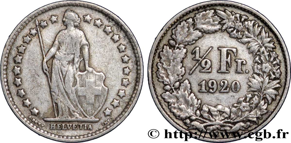 SWITZERLAND 1/2 Franc Helvetia 1920 Berne XF 