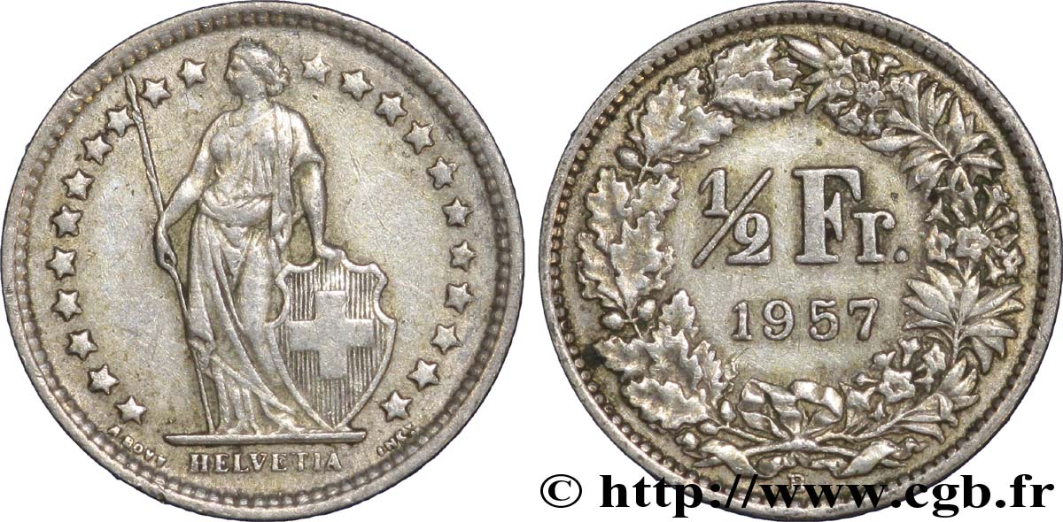 SWITZERLAND 1/2 Franc Helvetia 1957 Berne - B XF 