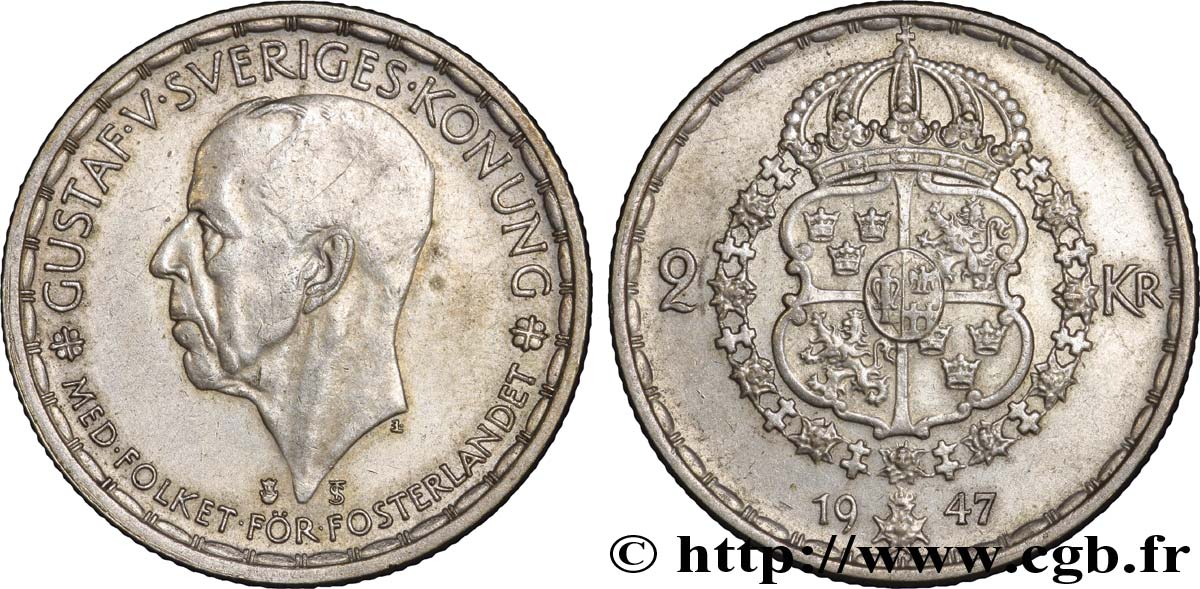 SUECIA 2 Kronor Gustave V / armes 1947  EBC 