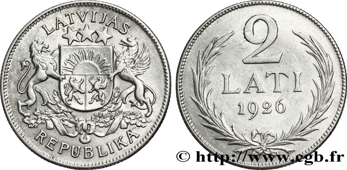 LATVIA 2 Lati armes encadrée d’un lion et d’un griffon 1926  AU 