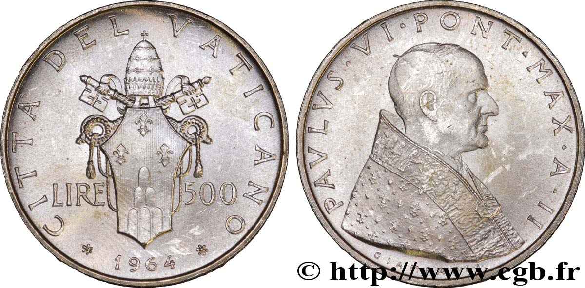 VATIKANSTAAT UND KIRCHENSTAAT 500 Lire Paul VI an II /  armes du Vatican 1964 Rome fST 