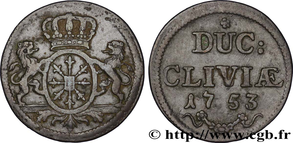 ALEMANIA - CLÉVERIS 1 Duit (1/8 Stuber) Duché de Clèves 1753  BC+ 