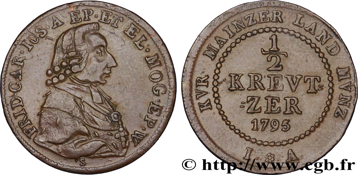 ALEMANIA - MAGUNCIA 1/2 Kreuzer Friedrich Karl Joseph von Erthal 1795  MBC+ 