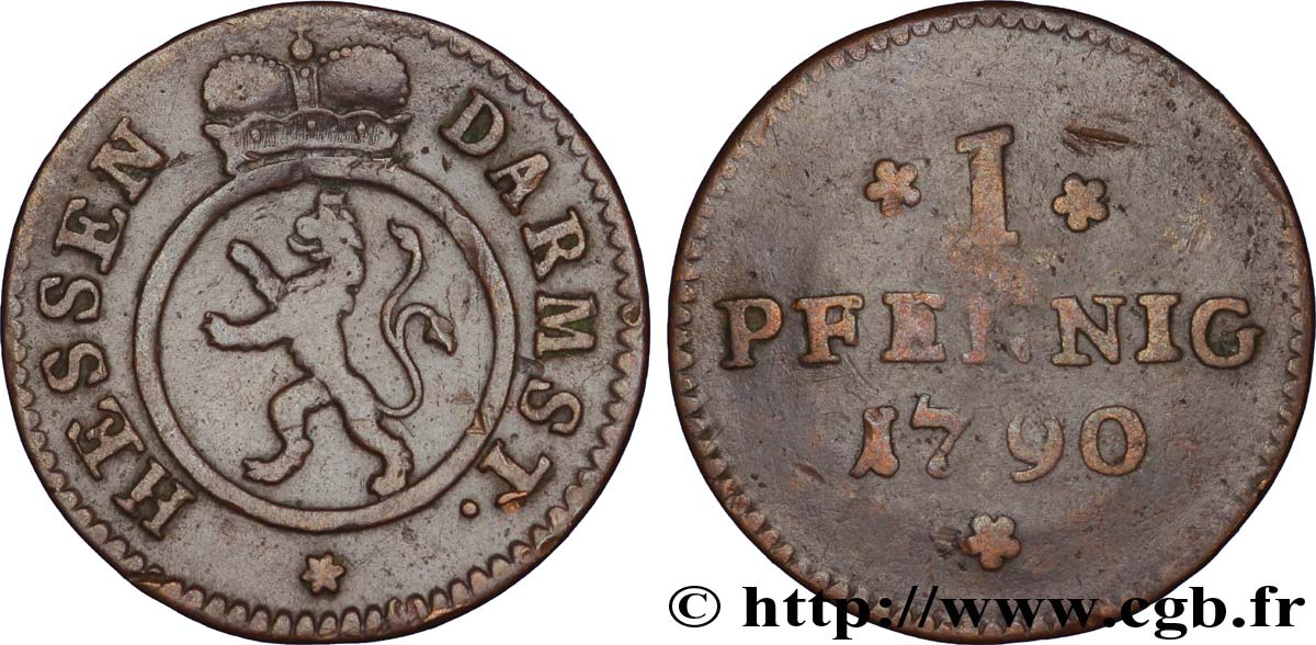 GERMANY - HESSE 1 Pfennig Hesse-Darmstadt : lion couronné 1790  VF 