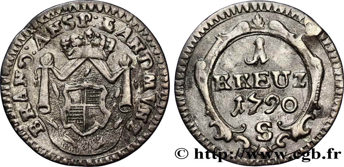 ALLEMAGNE - BRANDEBOURG-ANSBACH 1 Kreuzer Brandebourg-Ansbach manteau d’armes 1790  TTB+ 