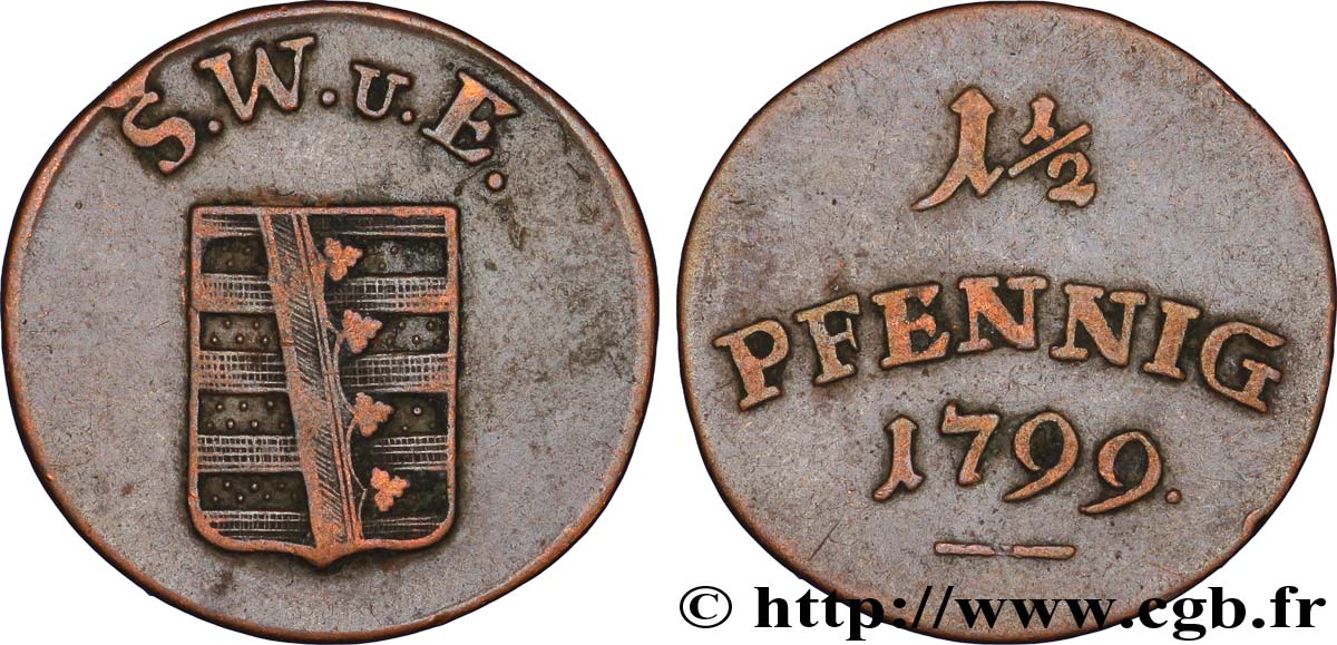 ALEMANIA - SAJONIA-WEIMAR-EISENACH 1 1/2 Pfennig écu 1799  MBC 