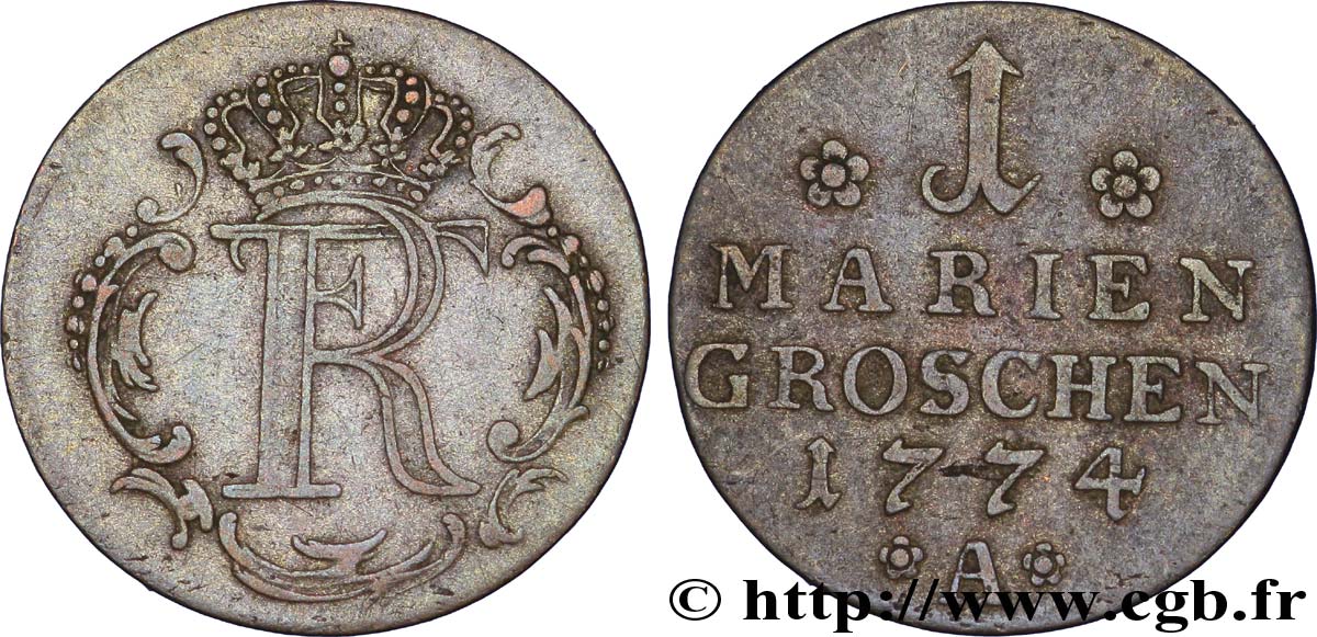 GERMANIA - FRISIA ORIENTALE 1 Mariengroschen monogramme de Frédéric II de Prusse 1774 Berlin BB 