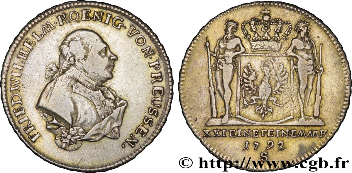 ALLEMAGNE - BRANDEBOURG-ANSBACH 2/3 Thaler (1 Gulden) Brandebourg-Ansbach : Frédéric Guillaume II de Prusse  / armes couronnées 1792 Schwabach TB+ 