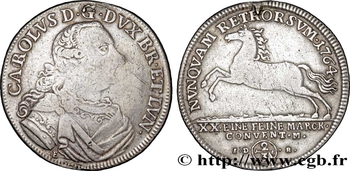ALEMANIA - BRUNSWICK 2/3 Konventionthaler Brunswick-Wolfenbutel Charles Ier / cheval bondissant 1764 Brunswick BC 