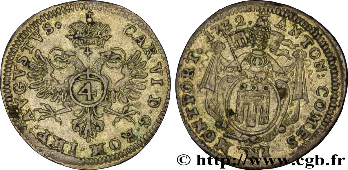 ALEMANIA - MONTFORT 4 Kreuzer armes au nom d’Anton von Montfort / aigle impérial au nom de Charles VI 1732  EBC 
