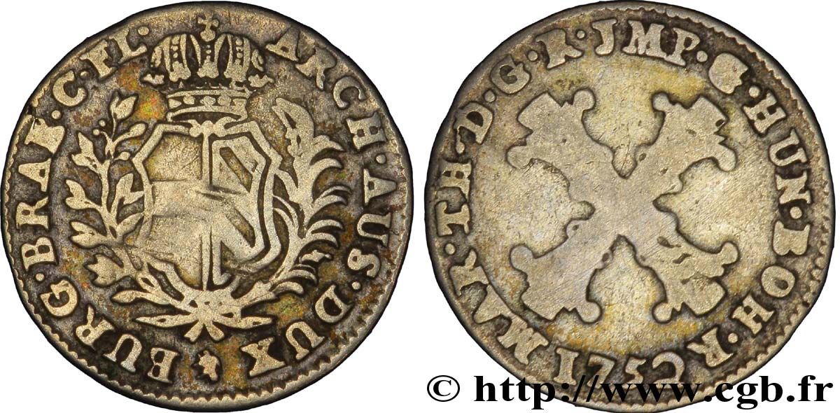 BÉLGICA - PAíSES BAJOS AUSTRíACOS 10 Liards Pays-Bas Autrichiens frappe au nom de Marie-Thérèse / armes 1752 Bruges BC 