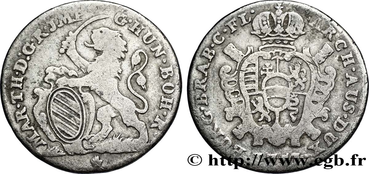 BÉLGICA - PAíSES BAJOS AUSTRíACOS 1 Escalin frappe au nom de Marie-Thérèse : lion / armes 1751 Anvers BC 