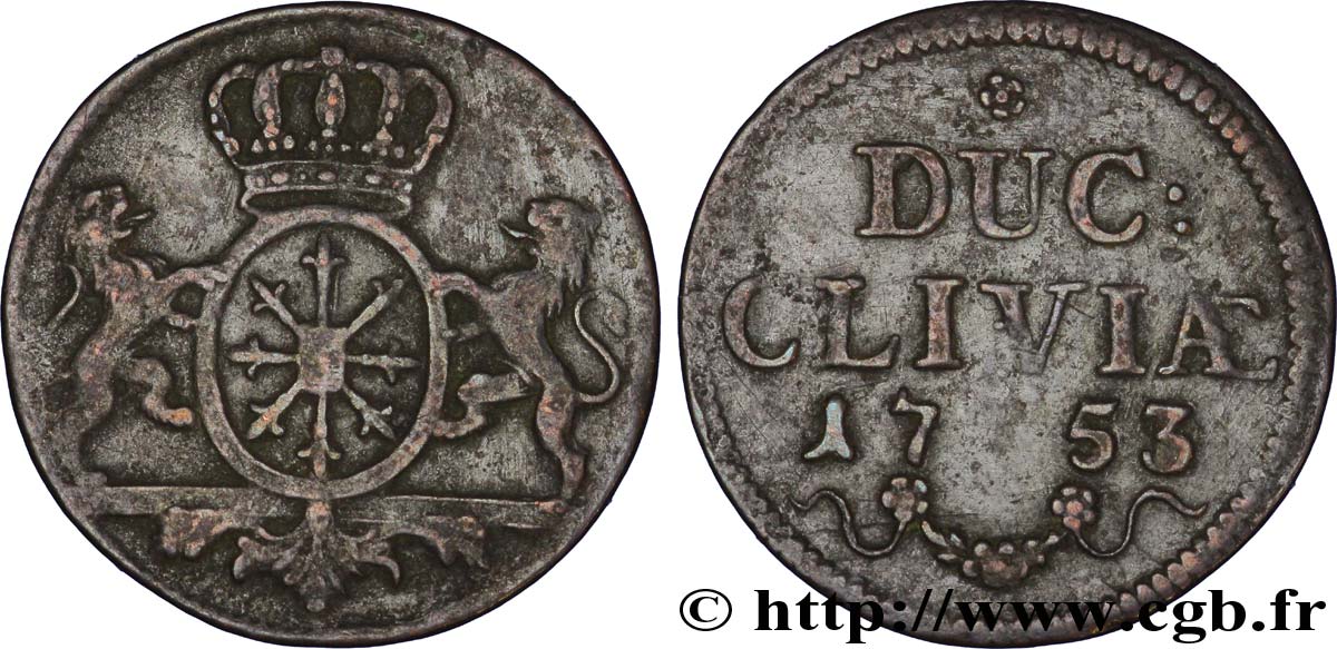 ALEMANIA - CLÉVERIS 1 Duit (1/8 Stuber) Duché de Clèves 1753  MBC 