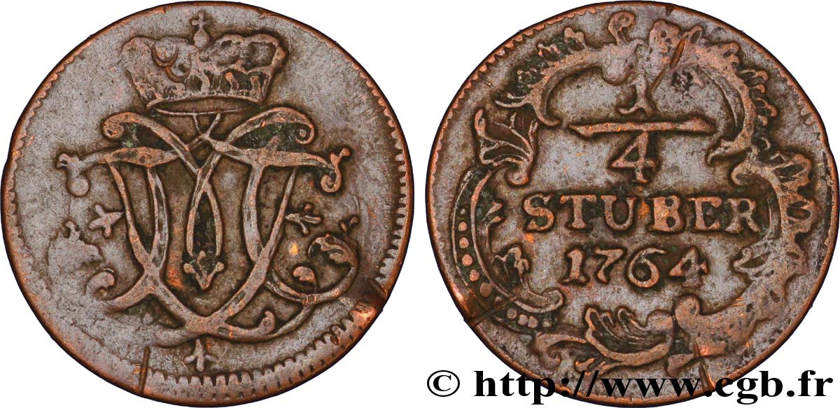 GERMANY - COLOGNE 1/4 Stuber monogramme de Maximilien-Frédéric de Königsegg-Rotenfels prince-évèque 1764  VF 