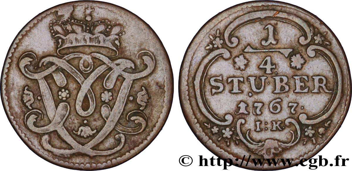 ALLEMAGNE - COLOGNE 1/4 Stuber armes de Maximilien-Frédéric de Königsegg-Rotenfels prince-évèque 1767  TTB 