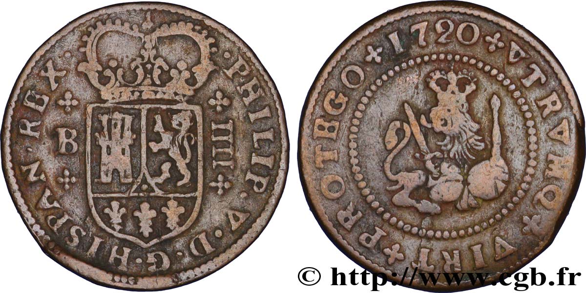 SPAGNA 4 Maravedis frappe au nom de Philippe V : écu / lion tenant une épée et un globe 1720 Burgos q.BB 