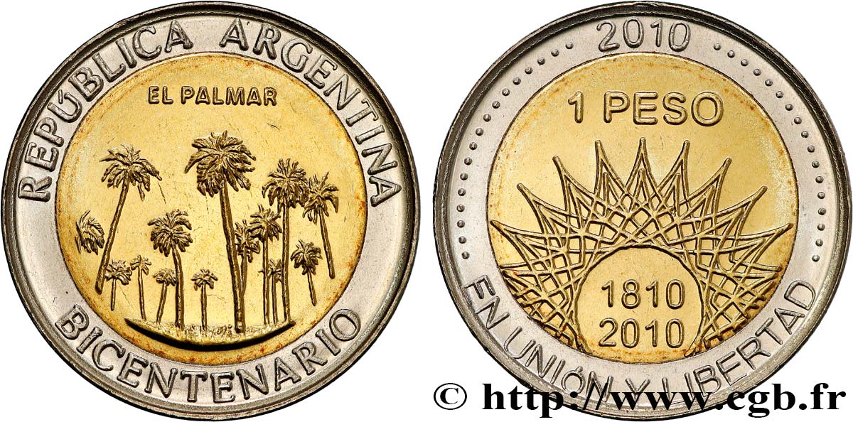 ARGENTINE 1 Peso bicentenaire de la Révolution de Mai : El Palmar 2010  SPL 
