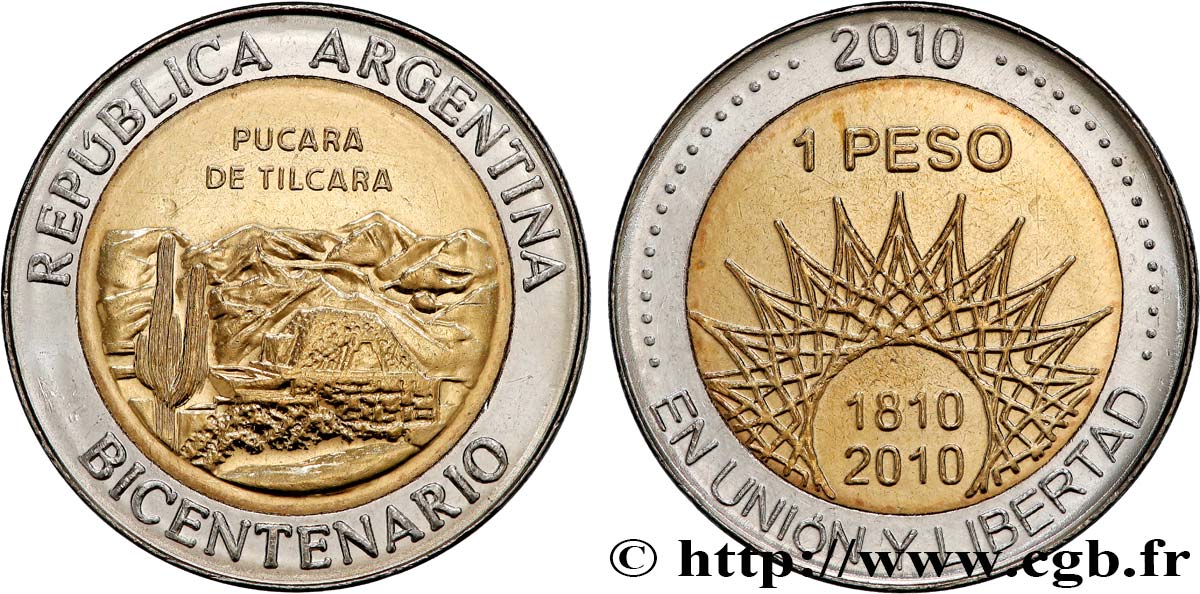 ARGENTINE 1 Peso bicentenaire de la Révolution de Mai : Pucará de Tilcara / symbole du Bicentenaire 2010  SPL 