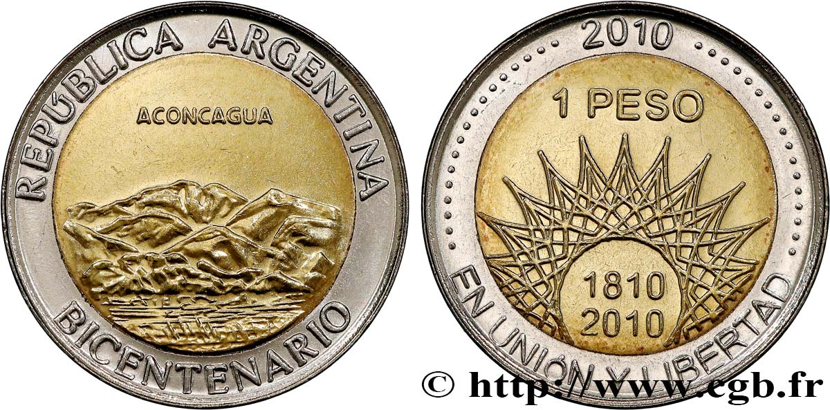 ARGENTINE 1 Peso bicentenaire de la Révolution de Mai : Aconcagua / symbole du Bicentenaire 2010  SPL 