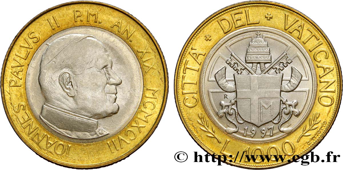 VATICAN ET ÉTATS PONTIFICAUX 1000 Lire Jean Paul II armes an XIX /  armes pontificales 1997  SPL 