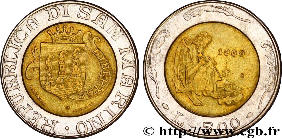 SAN MARINO 500 Lire emblème / graveur de pierre 1989 Rome - R EBC 