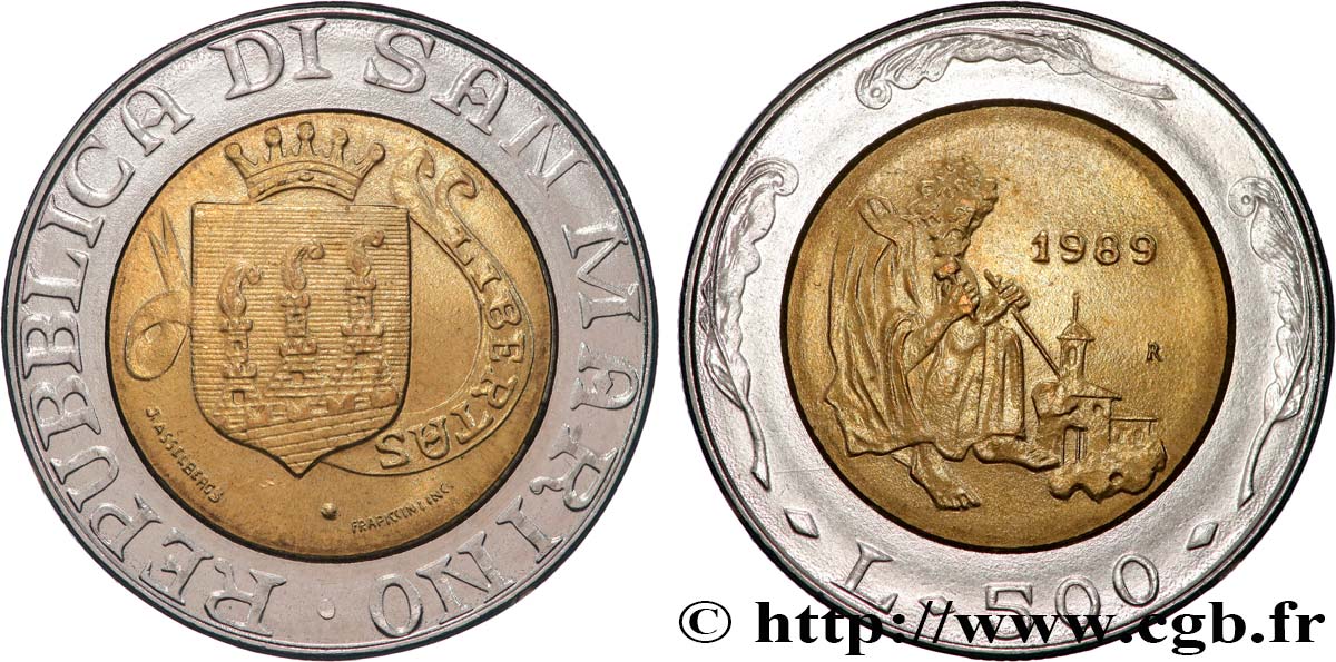 SAINT-MARIN 500 Lire emblème / graveur de pierre 1989 Rome - R SPL 