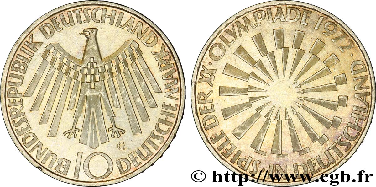 GERMANIA 10 Mark XXe J.O. Munich / aigle type “IN DEUTSCHLAND” 1972 Karlsruhe - G SPL 