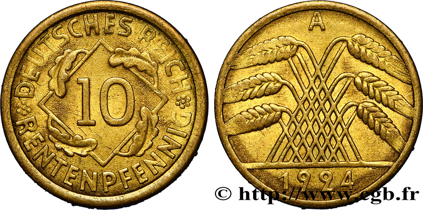 GERMANY 10 Rentenpfennig gerbe de blé 1924 Berlin AU 