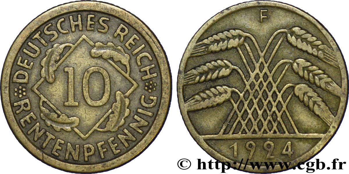 ALEMANIA 10 Rentenpfennig gerbe de blé 1924 Stuttgart - F BC+ 