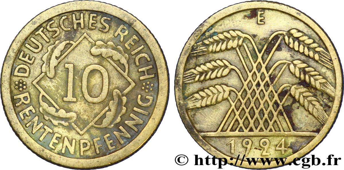 ALEMANIA 10 Rentenpfennig gerbe de blé 1924 Muldenhütten - E BC+ 