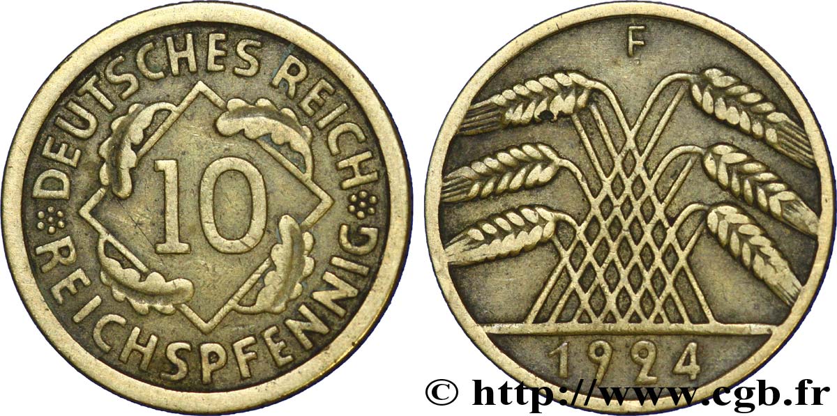 GERMANIA 10 Reichspfennig gerbe de blé 1924 Stuttgart - F q.BB 
