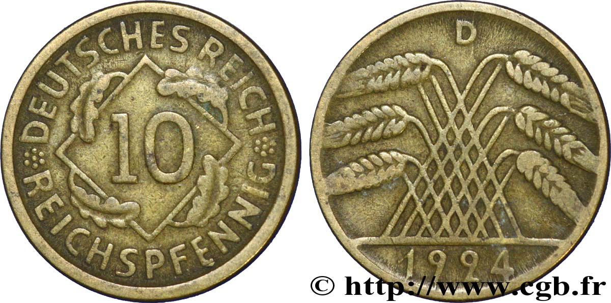 DEUTSCHLAND 10 Reichspfennig gerbe de blé 1924 Munich - D fSS 