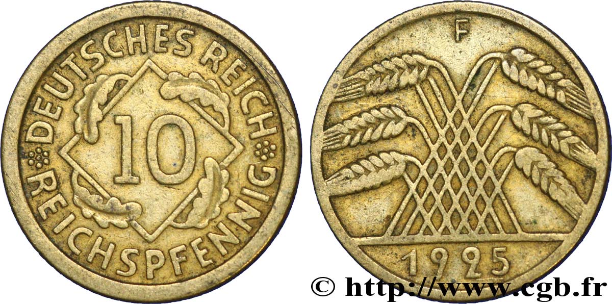 GERMANIA 10 Reichspfennig gerbe de blé 1925 Stuttgart - F q.BB 