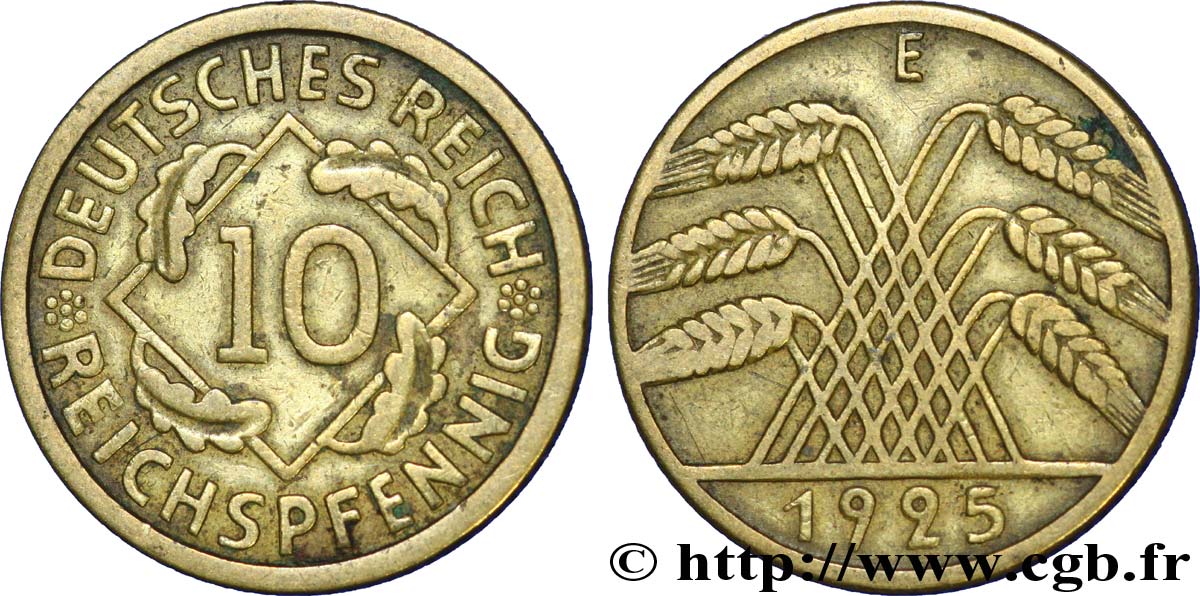 ALEMANIA 10 Reichspfennig gerbe de blé 1925 Muldenhütten - E BC+ 