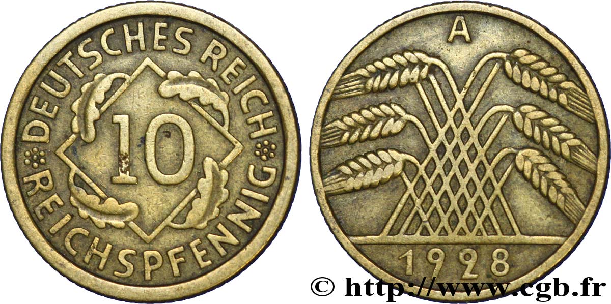 GERMANIA 10 Reichspfennig gerbe de blé 1928 Berlin q.BB 