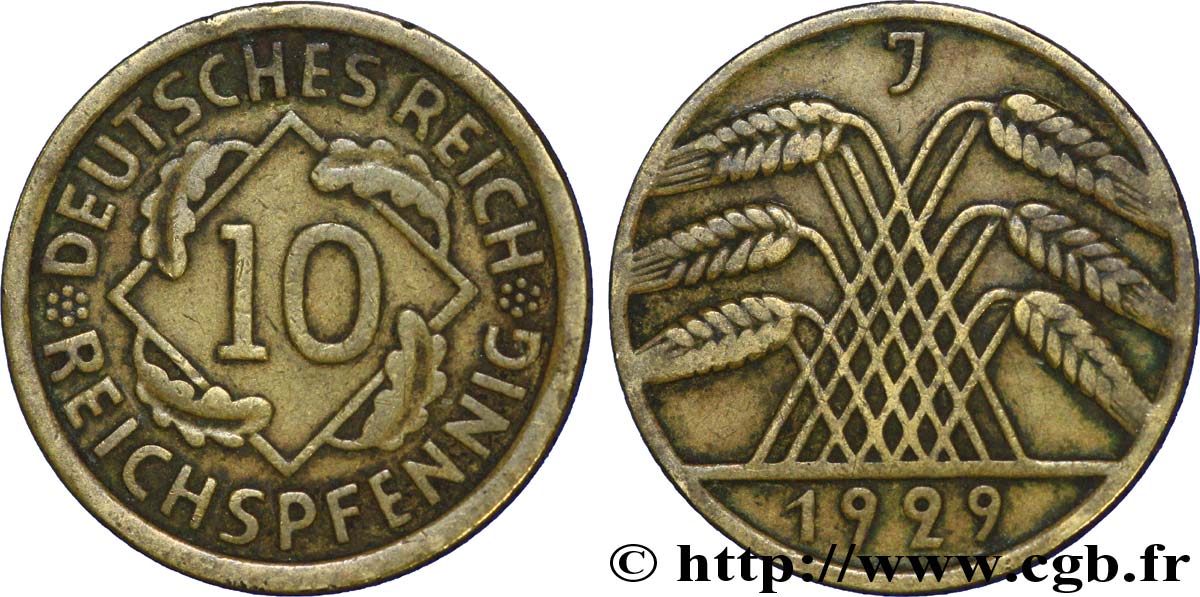GERMANIA 10 Reichspfennig gerbe de blé 1929 Hambourg - J q.BB 