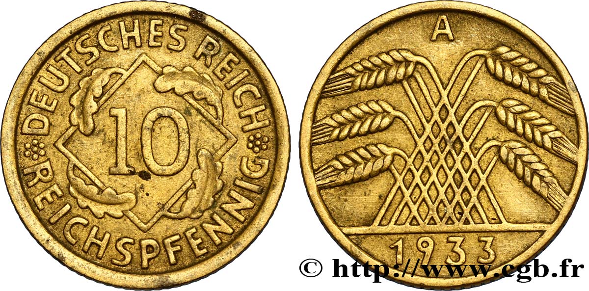 GERMANY 10 Reichspfennig gerbe de blé 1933 Berlin XF 
