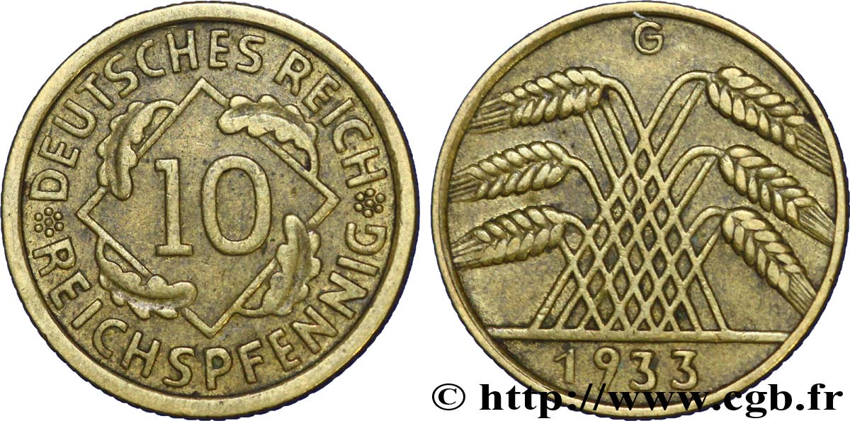 ALEMANIA 10 Reichspfennig gerbe de blé 1933 Karlsruhe - G MBC 