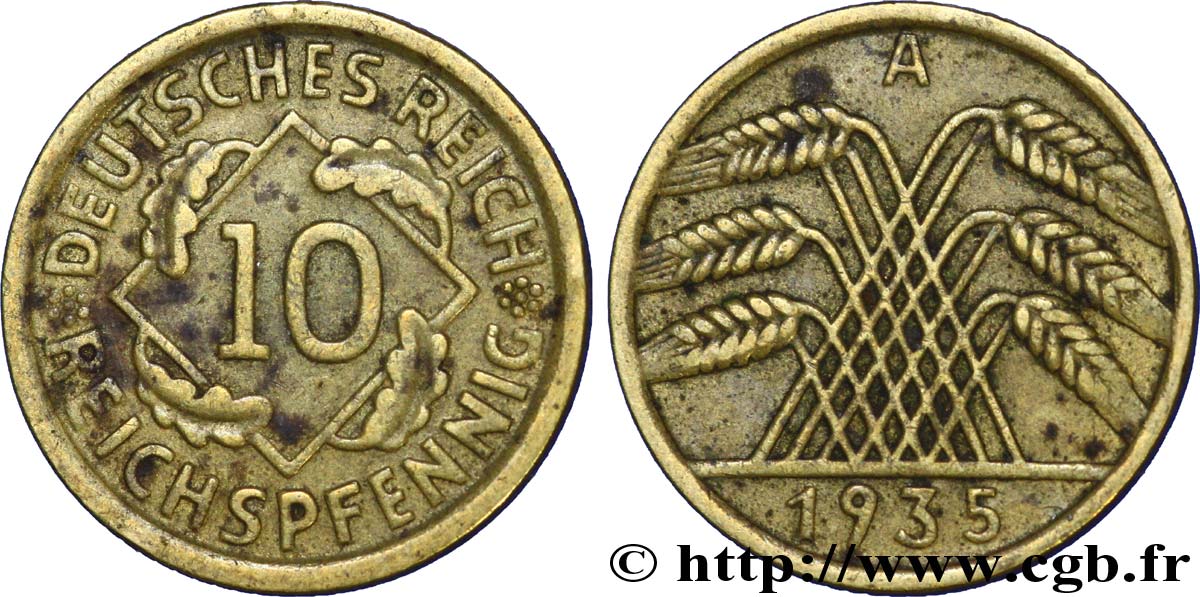 ALLEMAGNE 10 Reichspfennig gerbe de blé 1935 Berlin TTB 