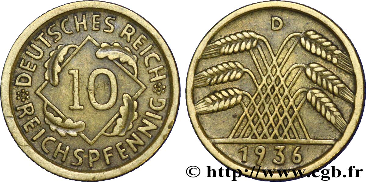 GERMANY 10 Reichspfennig gerbe de blé 1936 Munich - D XF 