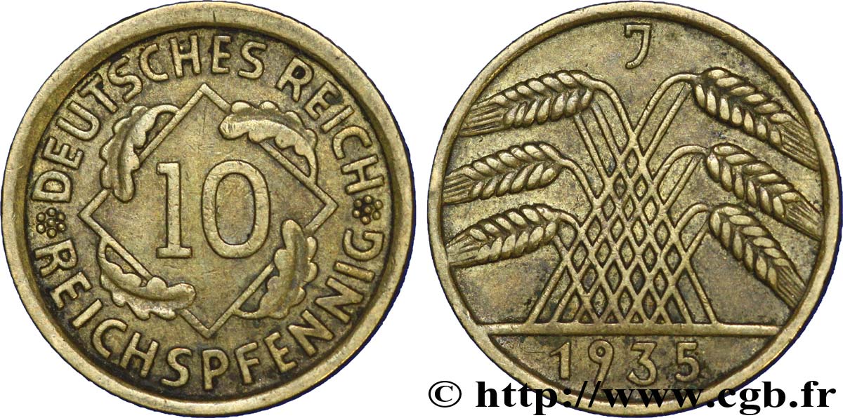 ALLEMAGNE 10 Reichspfennig gerbe de blé 1935 Hambourg - J TTB+ 